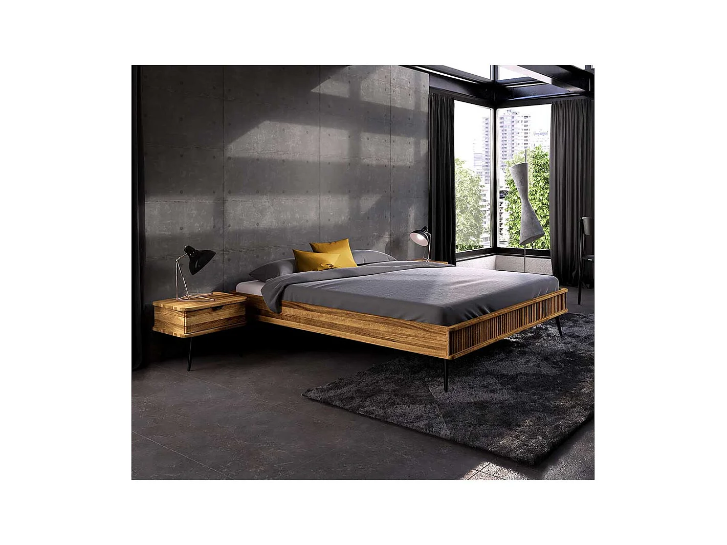 Wildeiche Bett geölt ohne Kopfteil Vierfußgestell aus Metall