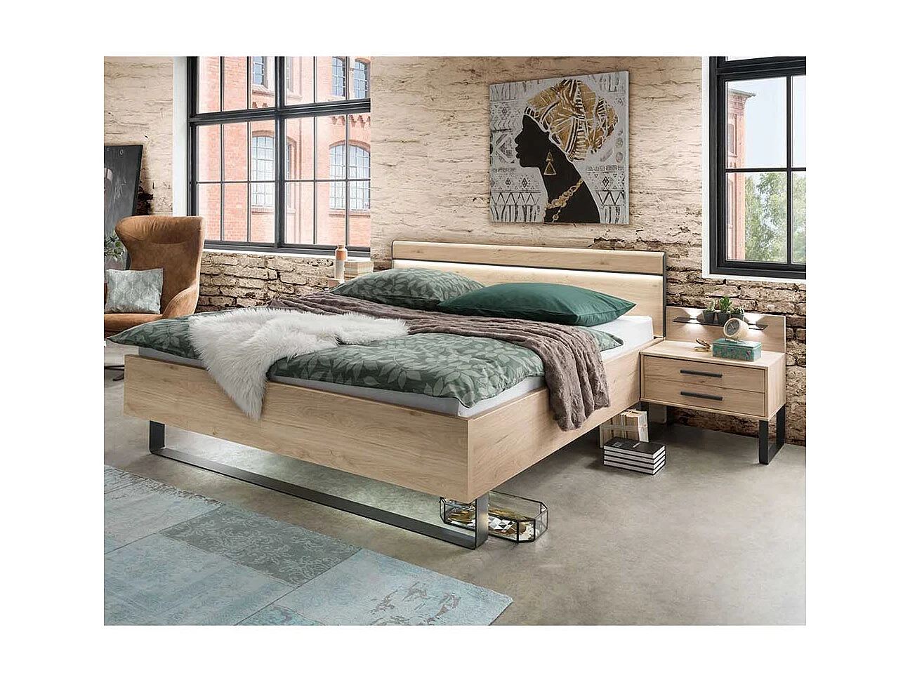 Bett in Eichefarben und Dunkelgrau LED Beleuchtung (dreiteilig)