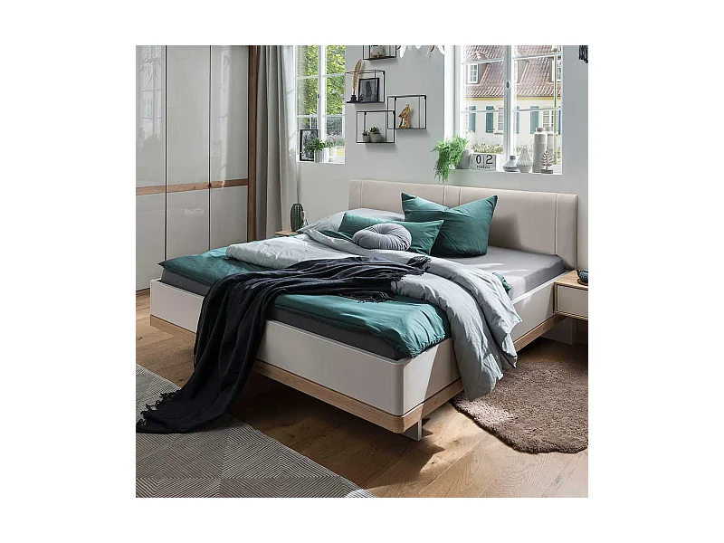 Design Bett in Beige und Eiche Bianco gepolstertem Kopfteil