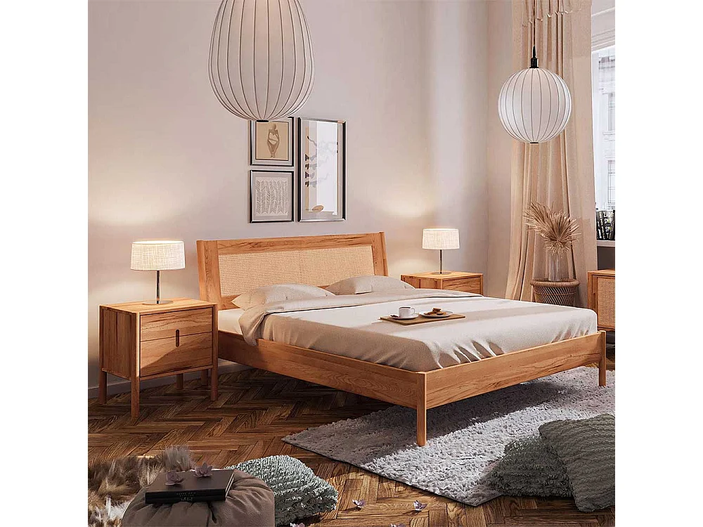 Bett Wildeiche und Rattan 38 cm Einstiegshöhe auch mit Kommoden