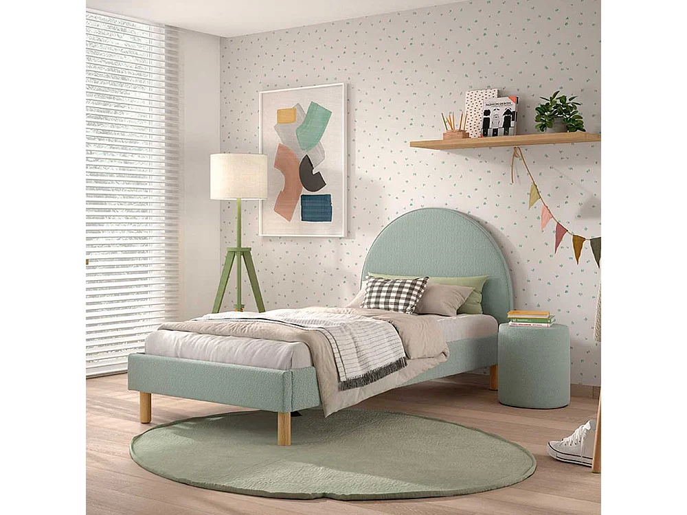 Polsterbett 90x200 cm in Grün Boucle Vierfußgestell aus Holz