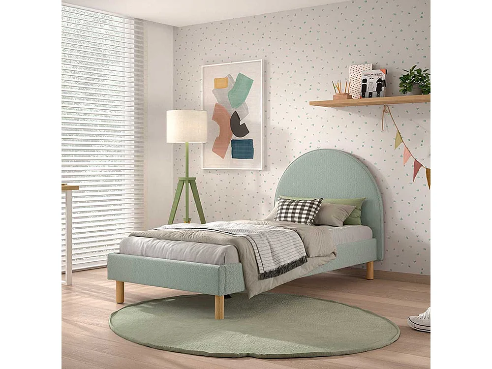 Polsterbett 90x200 cm in Grün Boucle Vierfußgestell aus Holz