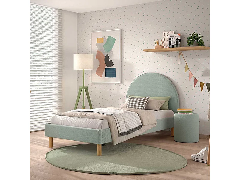 Polsterbett 90x200 cm in Grün Boucle Vierfußgestell aus Holz