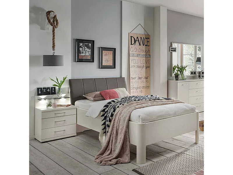 Bett mit Nachtkommode in Weiß Polsterkopfteil in Braun (zweiteilig)