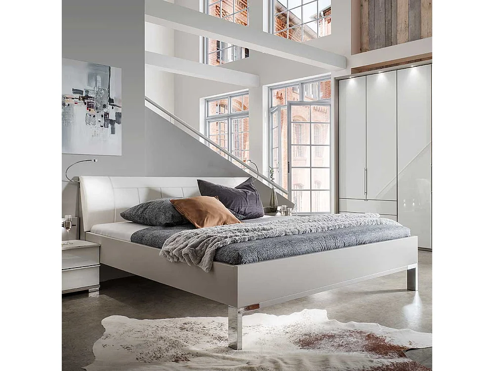 Bett und Nachtkonsolen in Hellgrau und Weiß LED Beleuchtung