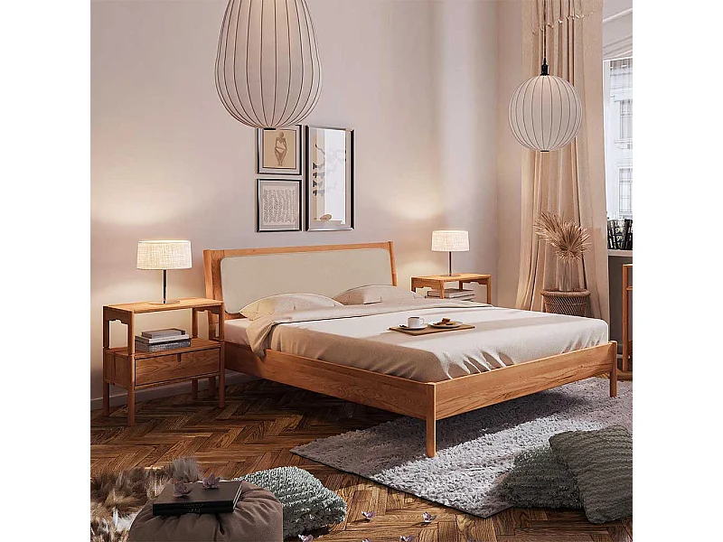 Wildbuche Holzbett mit Polster 38 cm Einstiegshöhe wahlweise mit Nachttisch