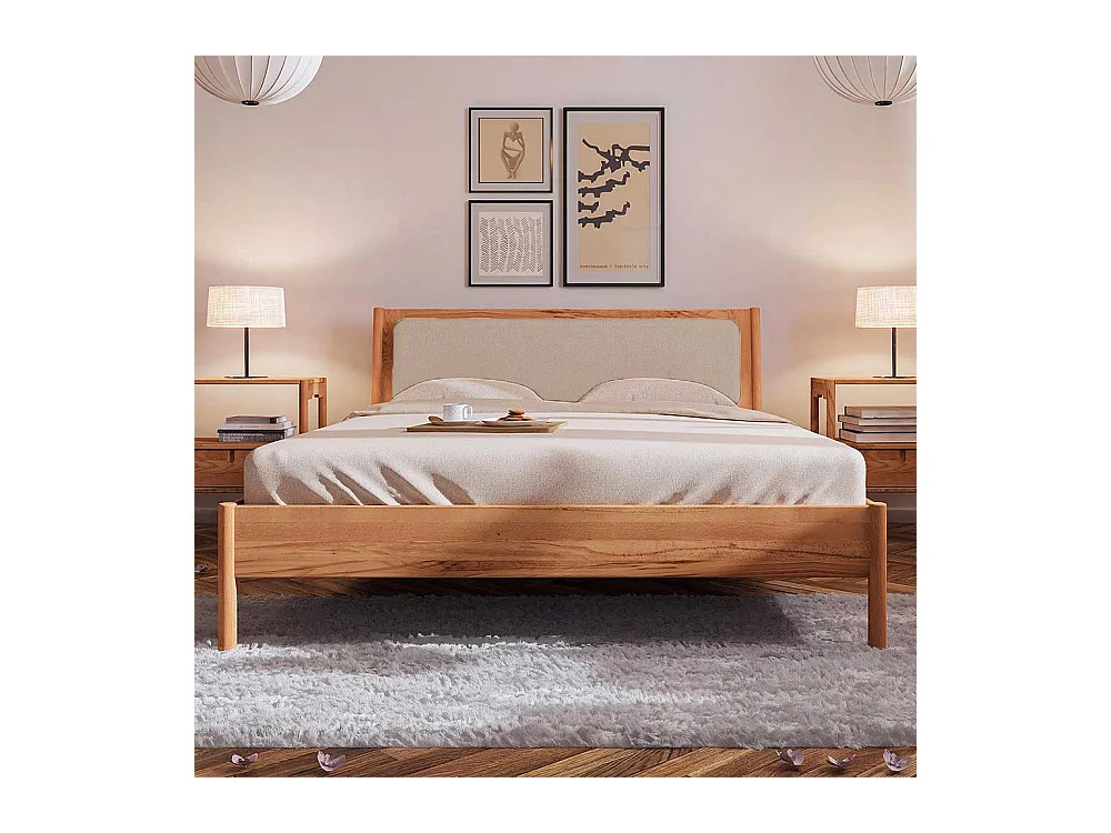 Wildbuche Holzbett mit Polster 38 cm Einstiegshöhe wahlweise mit Nachttisch