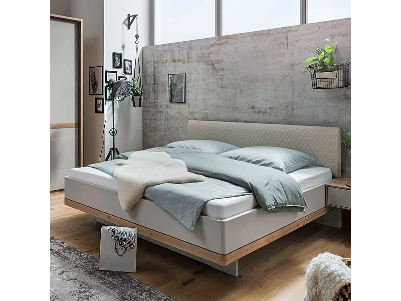 Design Doppelbett in Beige und Eiche Bianco Polsterkopfteil