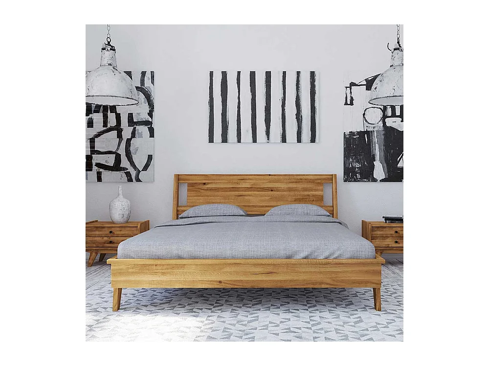 Niedriges Bett aus Wildeiche Massivholz Retro Design