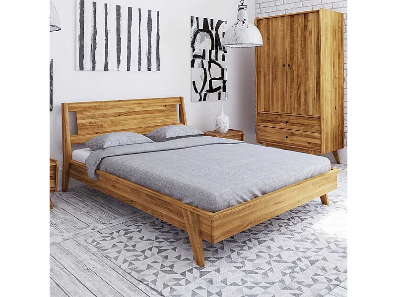 Niedriges Bett aus Wildeiche Massivholz Retro Design