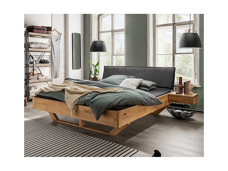 Wildeiche Bett mit Polsterkopfteil in Anthrazit 43 cm Einstiegshöhe