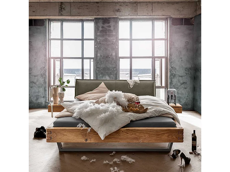 Holzbettgestell Doppelbett in Wildeichefarben und Oliv Grün