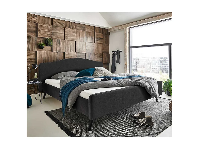 Gepolstertes Bett in Anthrazit Velours Vierfußgestell aus Holz