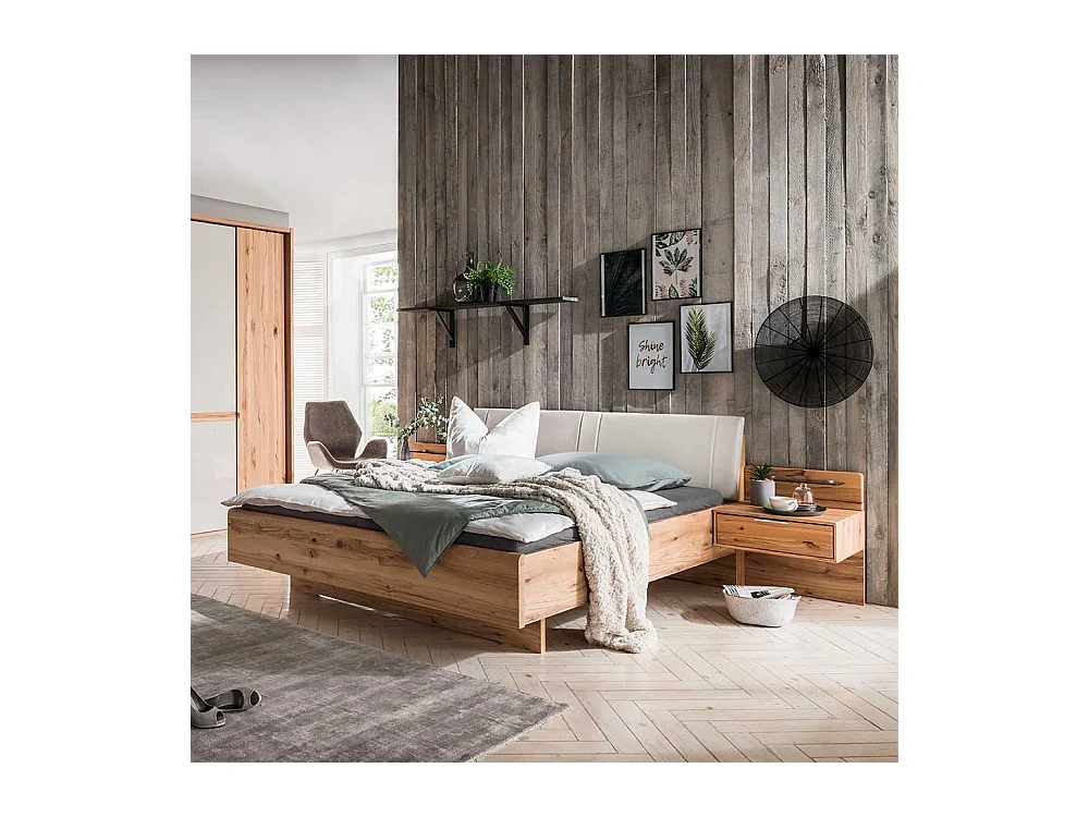 Doppelbett aus Kernbuche teilmassiv und Kunstleder Made in Germany (dreiteilig)