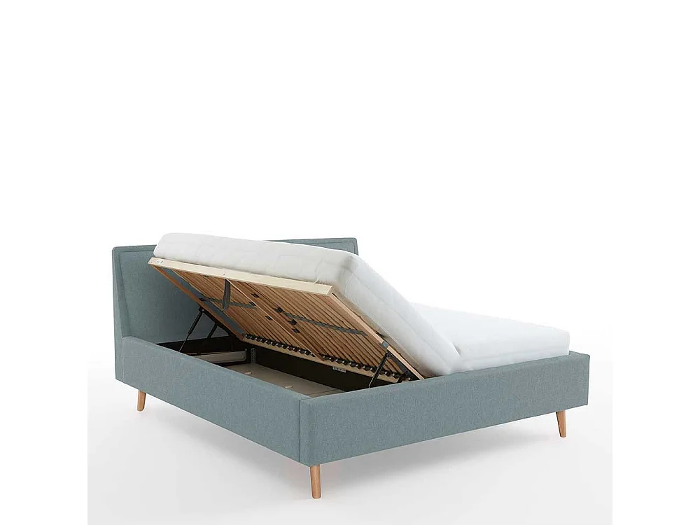 Polsterbett hellblau im Skandi Design Vierfußgestell aus Holz