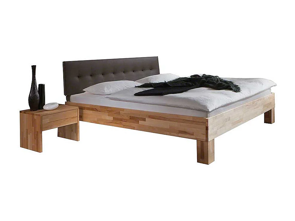 Doppelbett mit Polster in Dunkelbraun Kernbuche Massivholz (dreiteilig)