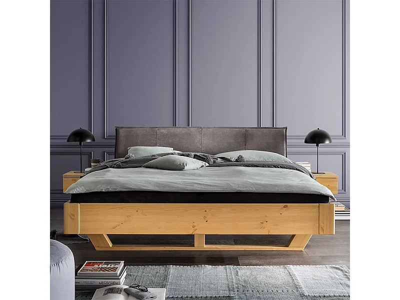 Holzbett Bett mit Polsterkopfteil in Kiefer Laugenfarben und Anthrazit