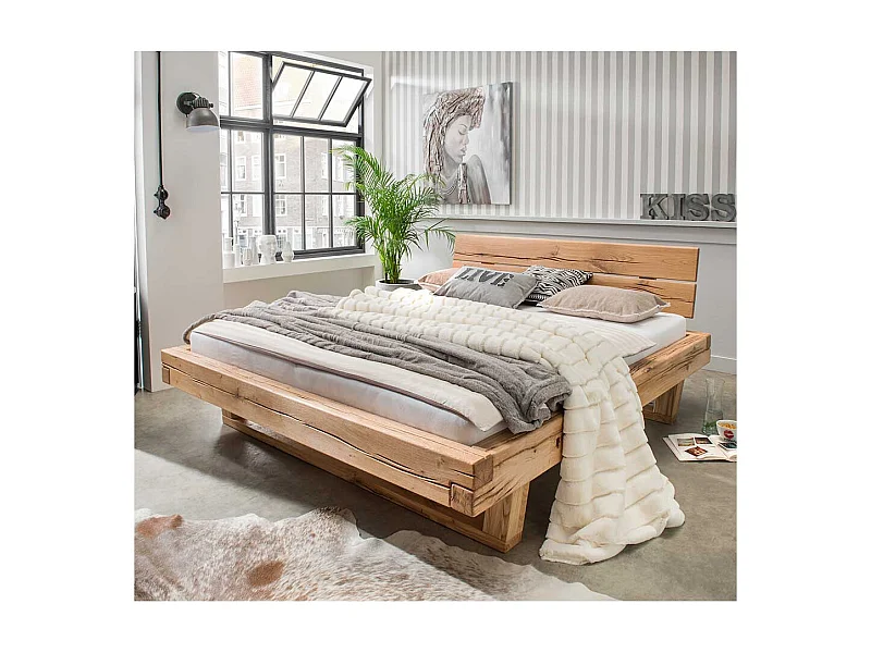 Balkenbett mit Kopfteil aus Wildeiche Massivholz geölt