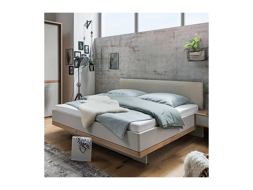Design Doppelbett in Beige und Eiche Bianco Polsterkopfteil