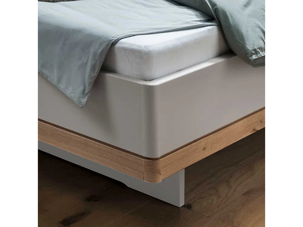 Design Doppelbett in Beige und Eiche Bianco Polsterkopfteil