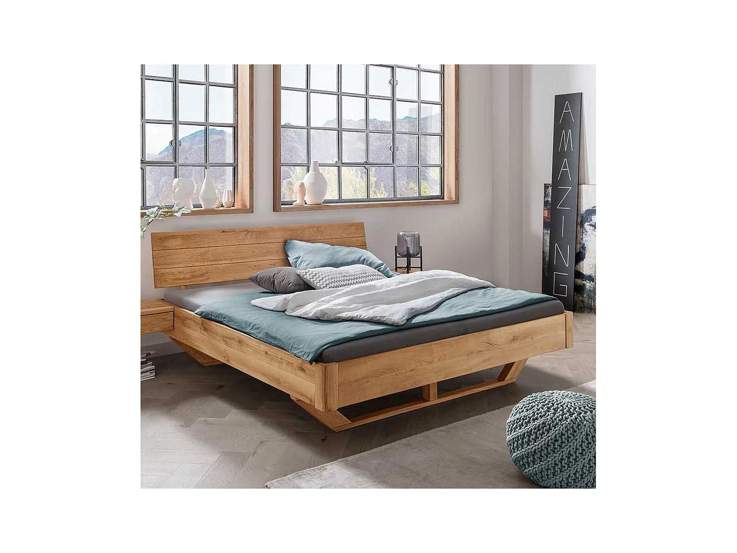 Wildeiche Massivholz Bett 43 cm Einstiegshöhe Holz Kufen