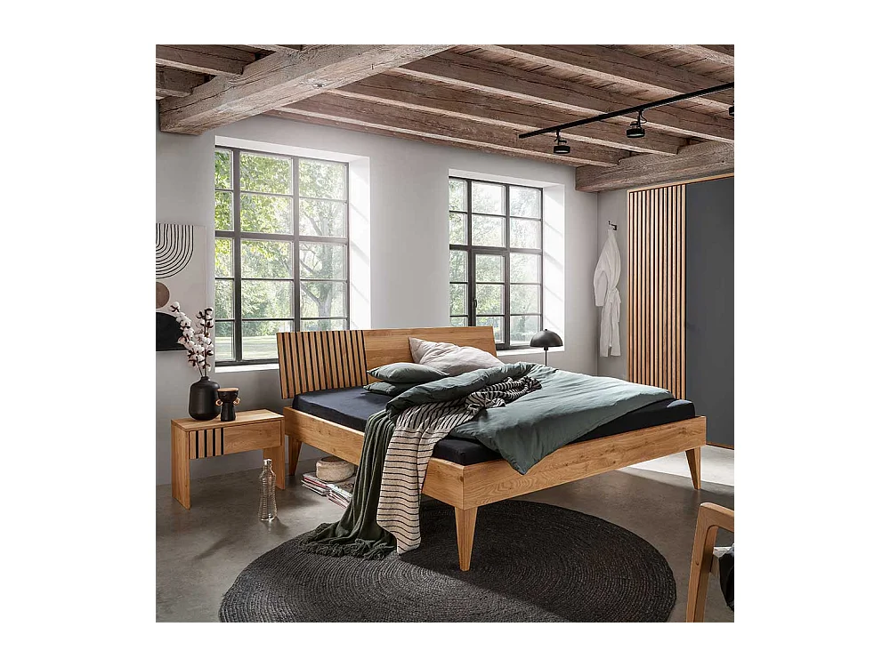 Doppelbett Wildeiche massiv geölt in modernem Design 93 cm Kopfteil