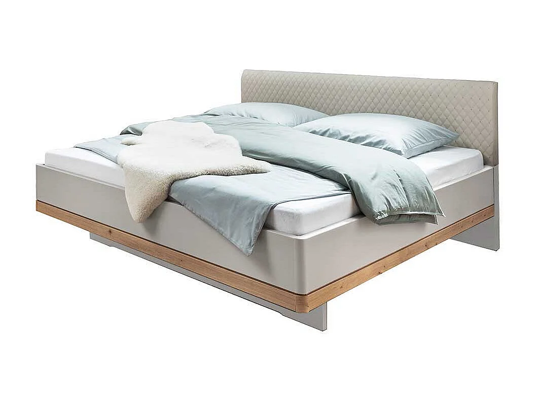 Design Doppelbett in Beige und Eiche Bianco Polsterkopfteil