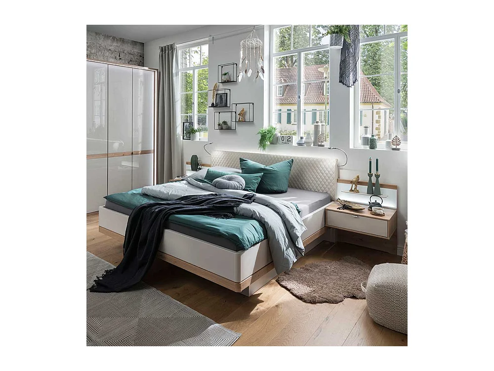 Doppelbett in Beige und Eiche Bianco LED Beleuchtung (dreiteilig)
