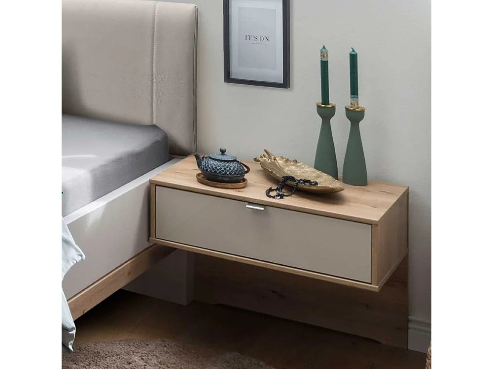 Komfortbett in Beige und Eiche Bianco Made in Germany (dreiteilig)