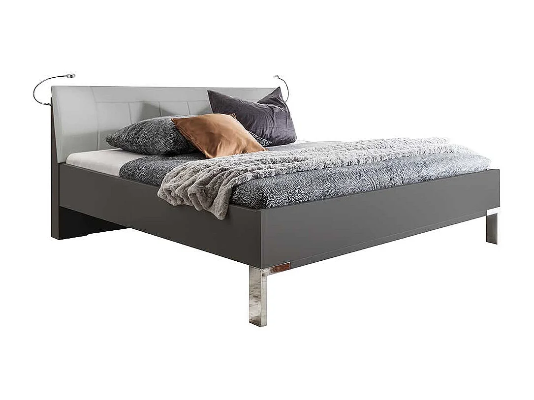 Bettgestell in Hellgrau und Braun LED Beleuchtung