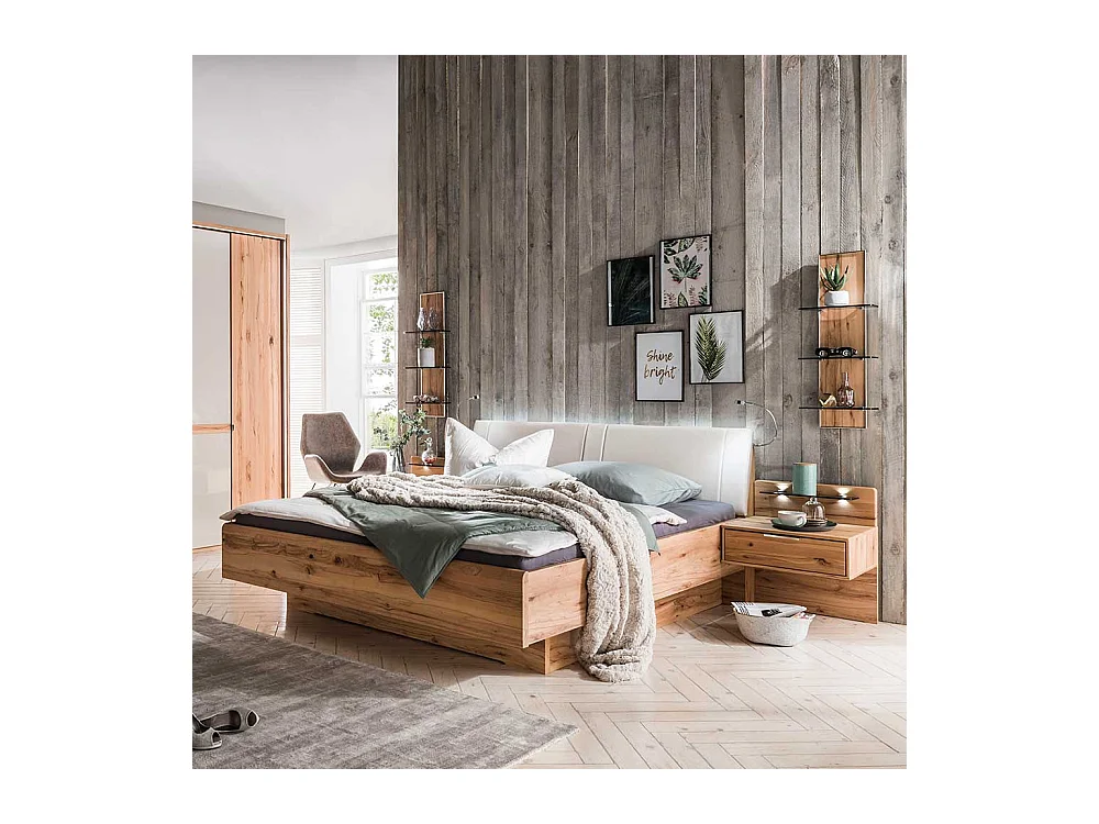 Doppelbett in Kernbuchefarben und Beige Massivholz und Kunstleder (dreiteilig)