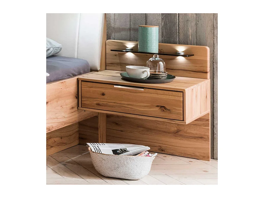 Doppelbett in Kernbuchefarben und Beige Massivholz und Kunstleder (dreiteilig)