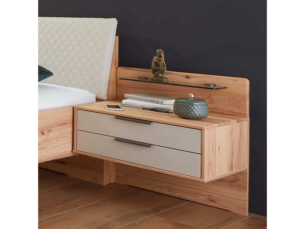 Breites Bett aus Kernbuche Massivholz und Kunstleder Made in Germany (dreiteilig)