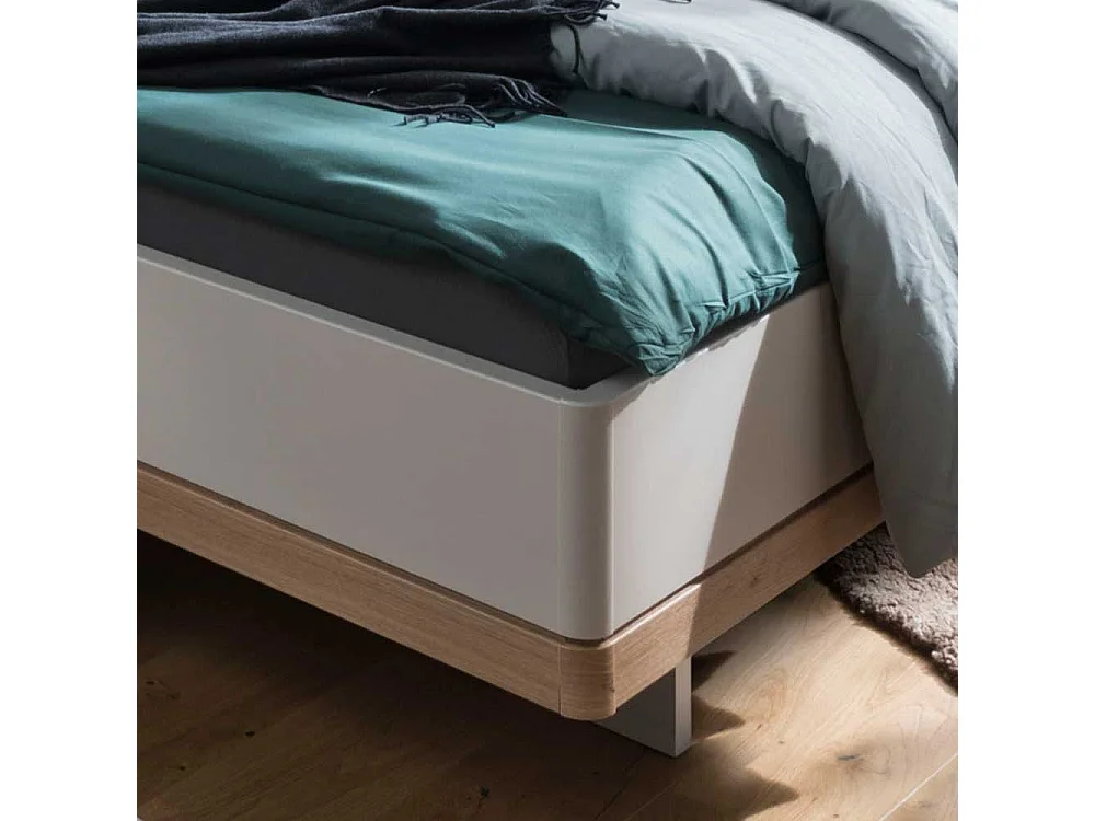 Design Bett in Beige und Eiche Bianco gepolstertem Kopfteil