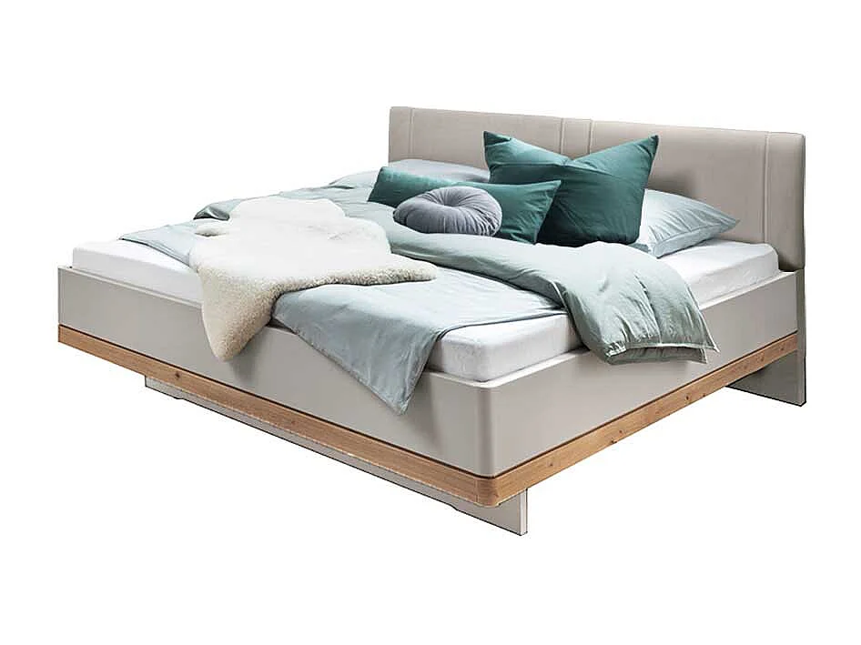 Design Bett in Beige und Eiche Bianco gepolstertem Kopfteil