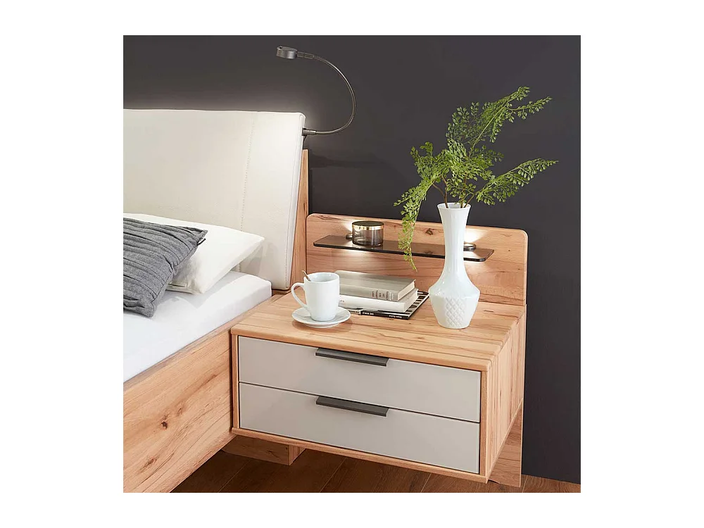 Doppelbett aus Kernbuche Massivholz und Kunstleder beige LED Beleuchtung (dreiteilig)