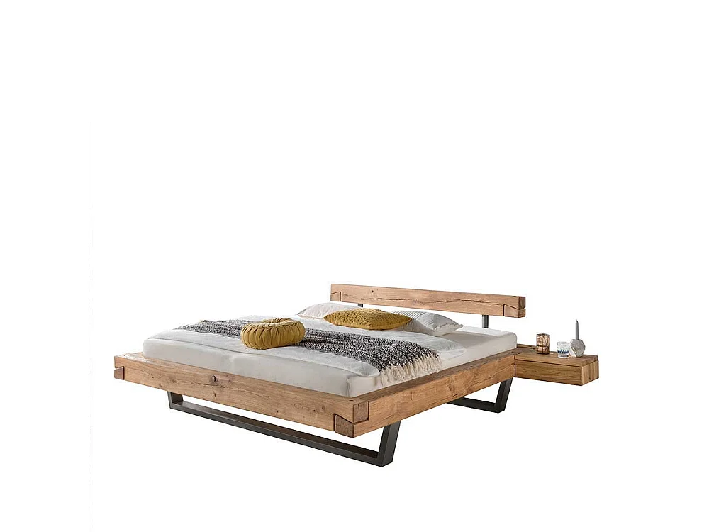 Wildeiche Balkenbett mit Nachtkonsolen Schwebeoptik (dreiteilig)