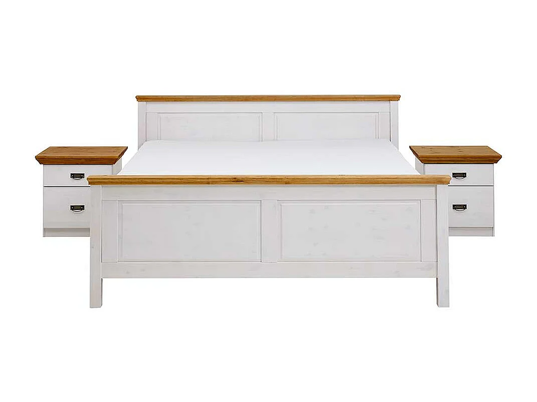 Landhausbett in Weiß Kiefer teilmassiv Nachtkommoden (dreiteilig)