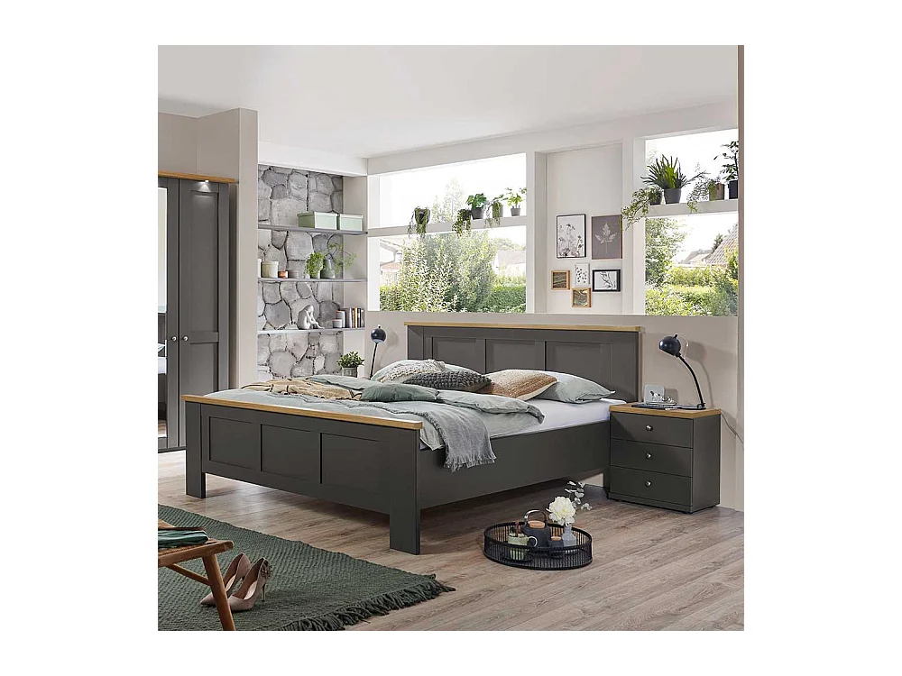 Doppelbettgestell im Landhausstil Dunkelgrau und Eiche Bianco