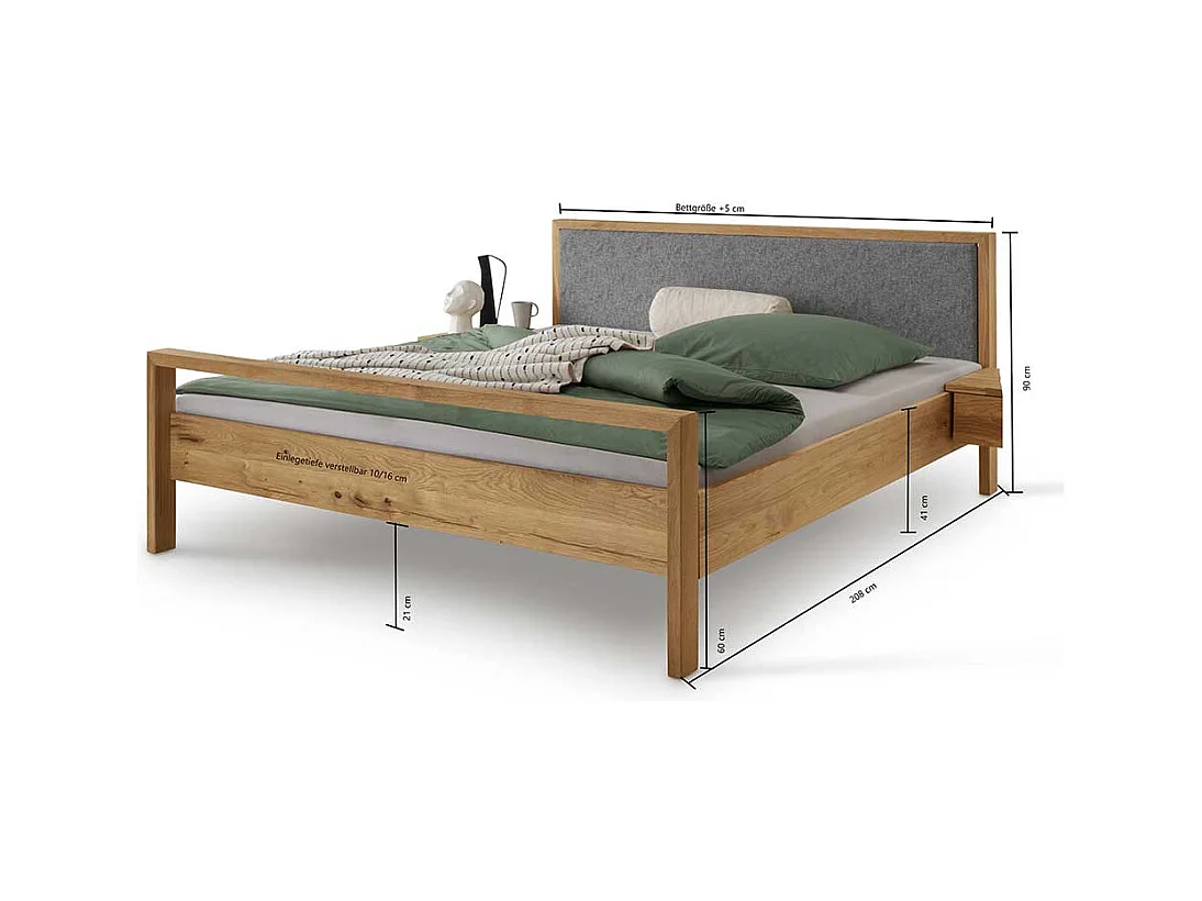 Doppelbett mit Polsterkopfteil in Grau Wildeichefarben