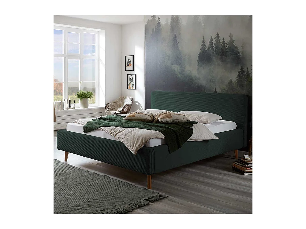 Dunkelgrünes Polsterbett mit Cordbezug Vierfußgestell aus Holz