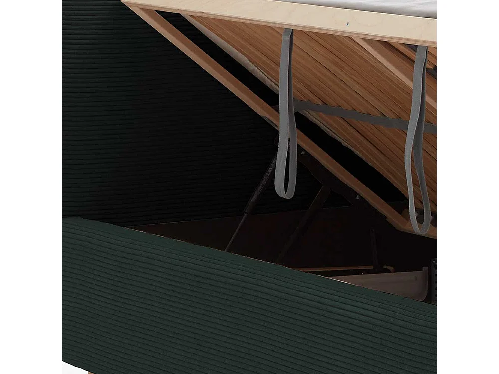 Dunkelgrünes Polsterbett mit Cordbezug Vierfußgestell aus Holz