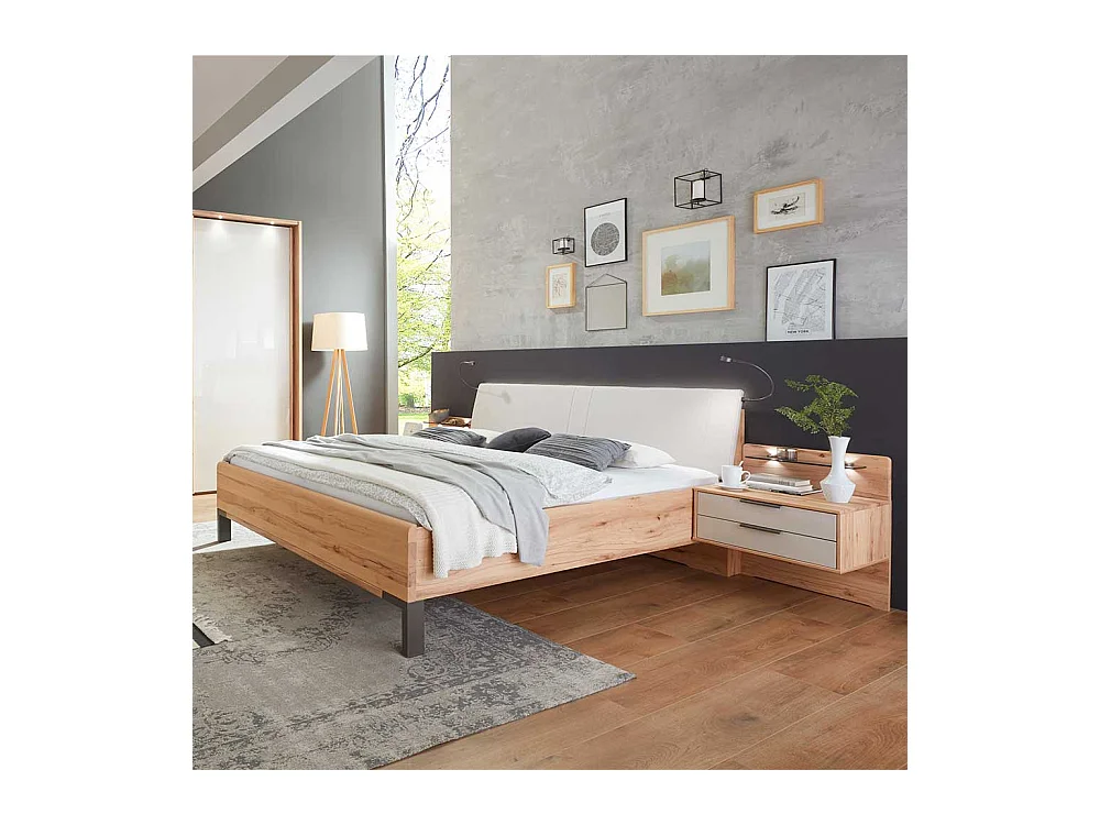 Doppelbett aus Kernbuche Massivholz und Kunstleder beige LED Beleuchtung (dreiteilig)