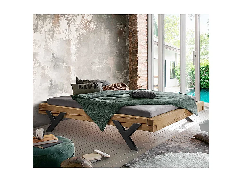 Balkenbett Fichte im rustikalen Stil Y Gestell aus Metall