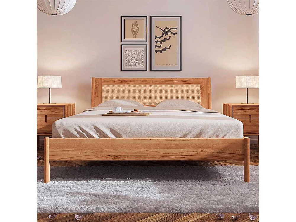 Bett Wildeiche und Rattan 38 cm Einstiegshöhe auch mit Kommoden