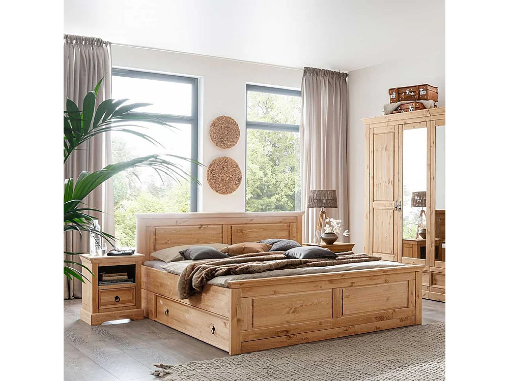 Kiefernholz Bett in Eichefarben gebeizt und geölt Nachtkommoden (dreiteilig)