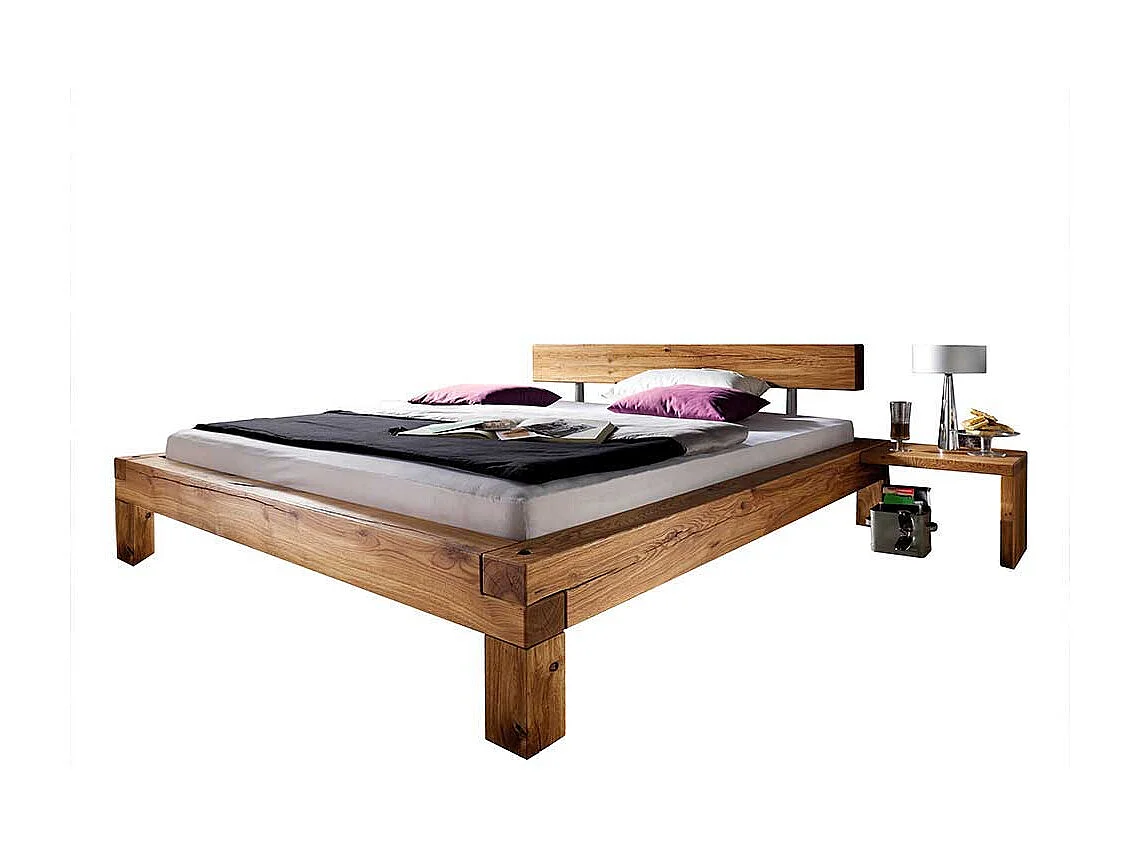 Balkenbett aus Wildeiche Massivholz Nachtkonsolen (dreiteilig)