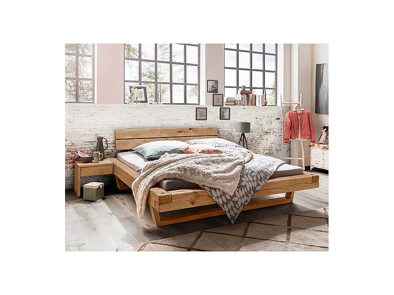 Balkenbett aus Wildeiche Massivholz Nachttischen (dreiteilig)