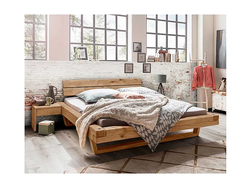 Balkenbett aus Wildeiche Massivholz Nachttischen (dreiteilig)