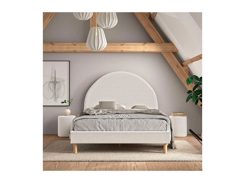 Niedriges Bettgestell im Skandi Design Boucle Stoff und Holz